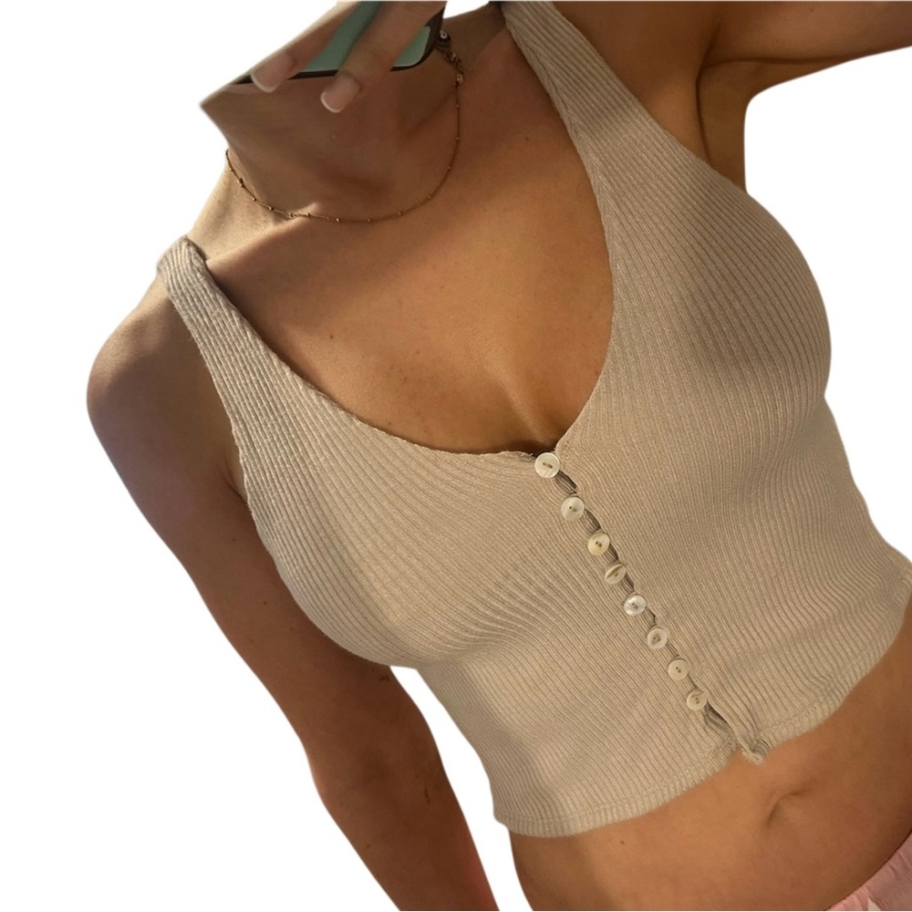 Lulu's Beige Ribbed Button-Down Crop Top